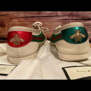Gucci White Leather Sneakers with Red & Green Bee Heel Accents